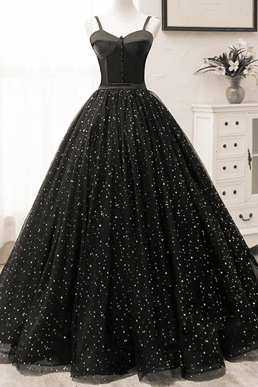 prom dresses for fallBlack A-Line Sweetheart Star Print Empire-Waist Sleeveless Long Prom Formal Dress