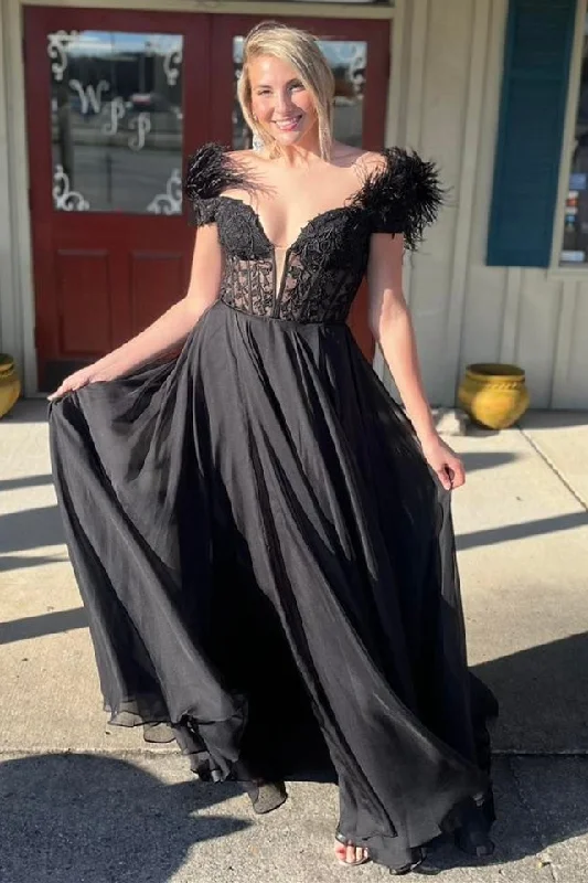 prom dresses for springBlack Applique Feather Off-the-Shoulder A-Line Long Prom Dress