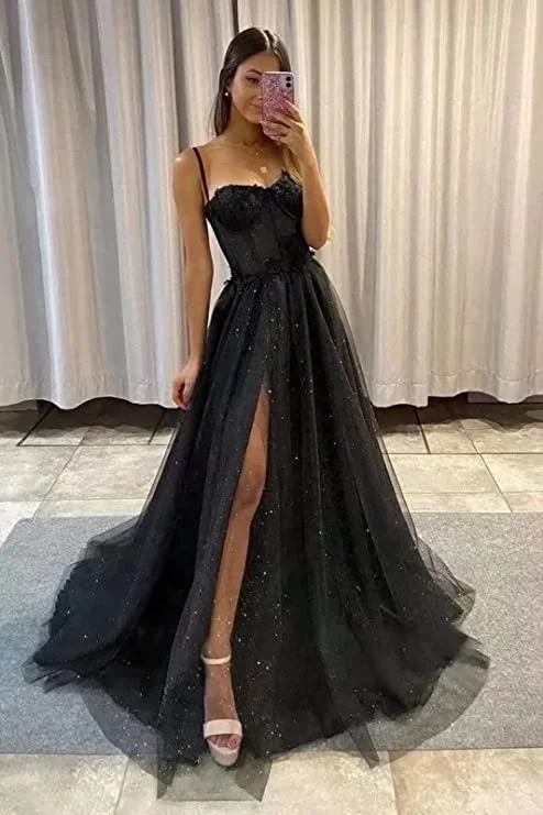 illusion neckline prom dressesBlack Floral Lace Straps A-Line Prom Dress with Slit