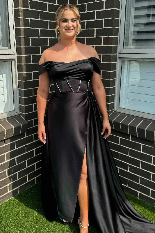 silk prom dressesBlack Off-Shoulder A-Line Empire-Waist Pleated Long Prom Dress with Slit