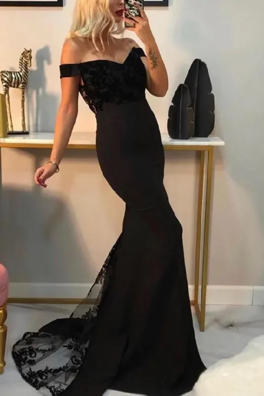 prom dresses with built-in petticoatsBlack Off-Shoulder Appliques Mermaid Long Prom Formal Dress