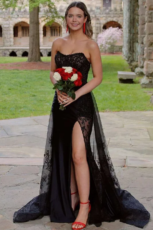 fitted prom dressesBlack Scoop A-Line Appliques Long Formal Prom Dress with Slit