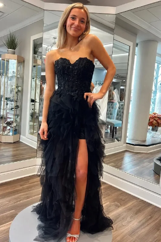 prom dress fitting adviceBlack Strapless Sweetheart Ruffles Tulle High Slit Prom Formal Dress