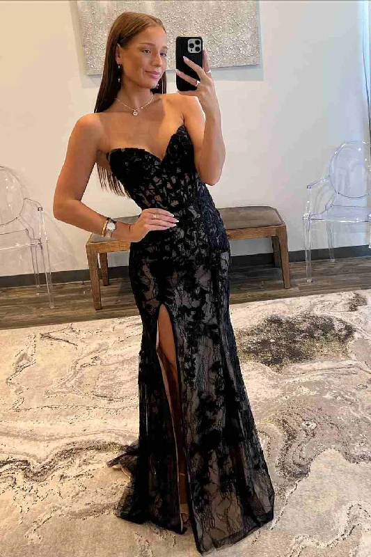 prom dresses for summerBlack Strapless V-Neck Lace Appliques Side Slit Long Prom Dress