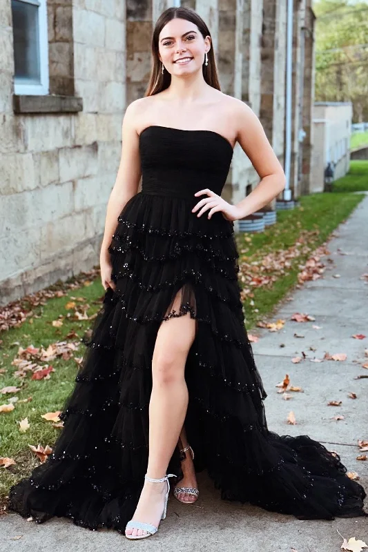 ready-to-wear prom dressesBlack Tulle Strapless Ruffle Beaded Long Prom Dress with Slit