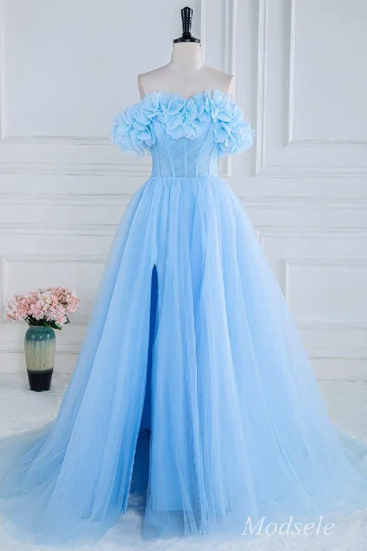 sleeveless prom dressesBlue Floral Petal Appliques Off-the-Shoulder A-Line Long Prom Dress