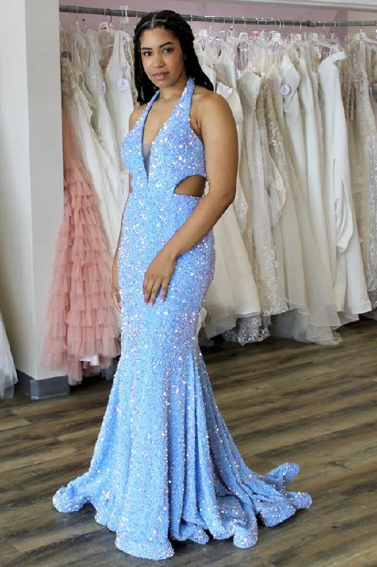 halter neck prom dressesBlue Iridescent Sequin Halter Trumpet Long Prom Dress