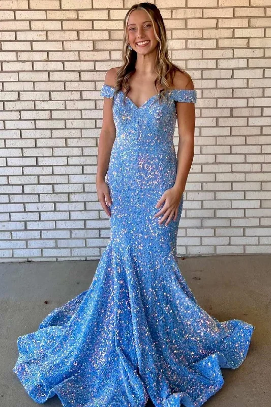 prom dress accessoriesBlue Iridescent Sequin Off-the-Shoulder Trumpet Prom Dress