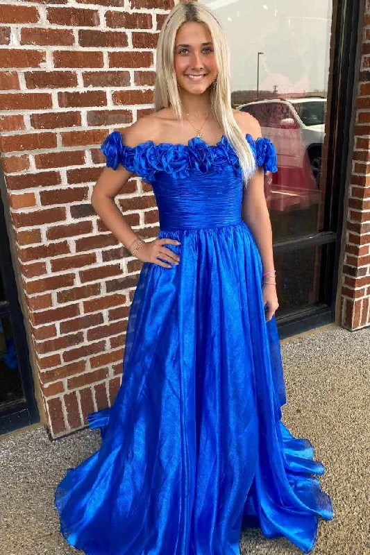 petite prom dressesBlue Off the Shoulder A-Line Prom Dress with  3D Floral