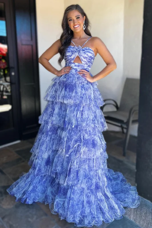 empire waist prom dressesBlue Print Halter Keyhole Ruffle Tiered Long Prom Dress