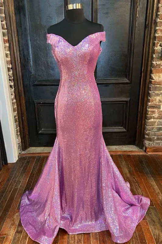 sweetheart neckline prom dressesLilac Sequin Off-the-Shoulder Backless Mermaid Long Prom Dress