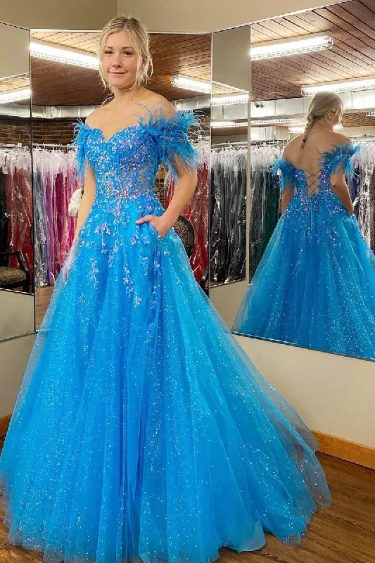 prom dresses with detachable sleevesBlue Tulle Feather Off-the-Shoulder Lace-Up A-Line Long Prom Dress