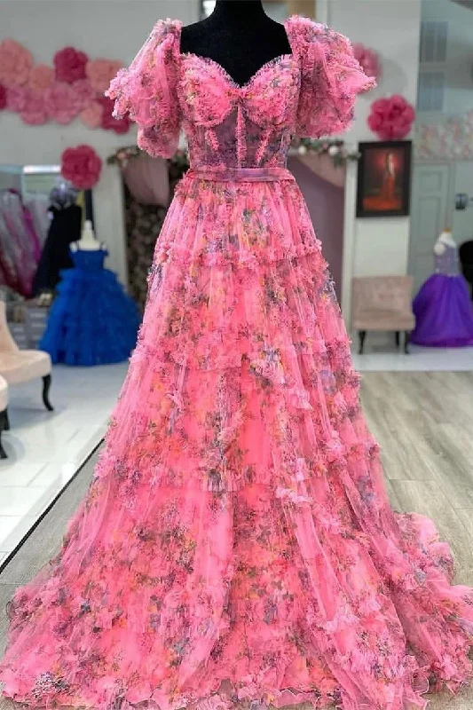 elegant prom dressesBright Pink Print Puff Sleeve Ruffle Long Prom Dress