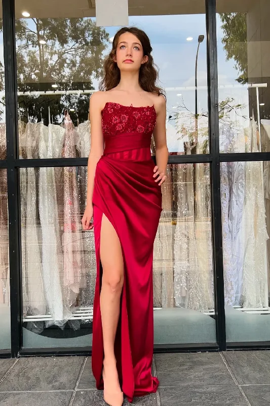 elegant prom dressesBurgundy Strapless Appliques Pleated High Slit Long Prom Dress