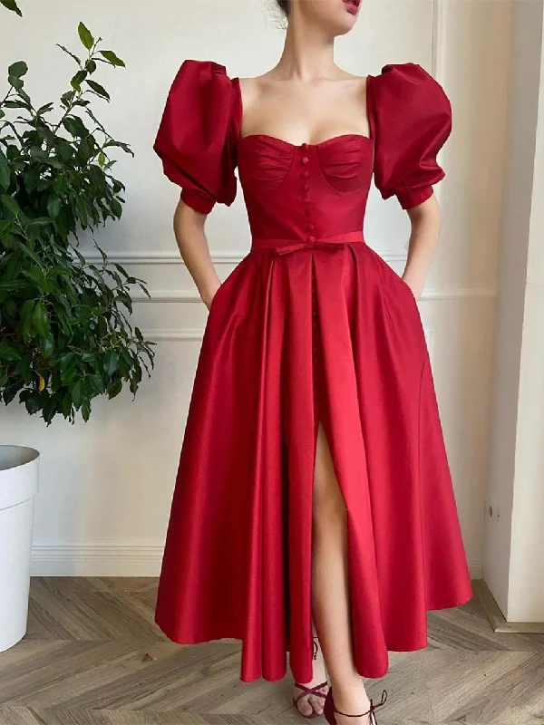 halter neck prom dressesBuuble Sleeve Red Satin Prom Dresses, Front Slit Prom Dresses, Elegant Long Prom Dresses, 2022 Affordable Prom Dresses