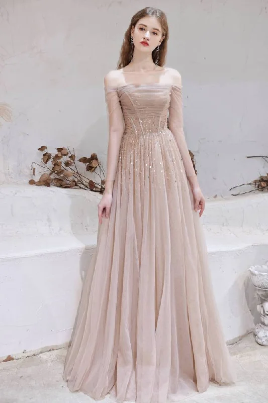 prom dresses with pocketsChampagne Tulle Sequins Off-the-Shoulder A-Line Prom Dress