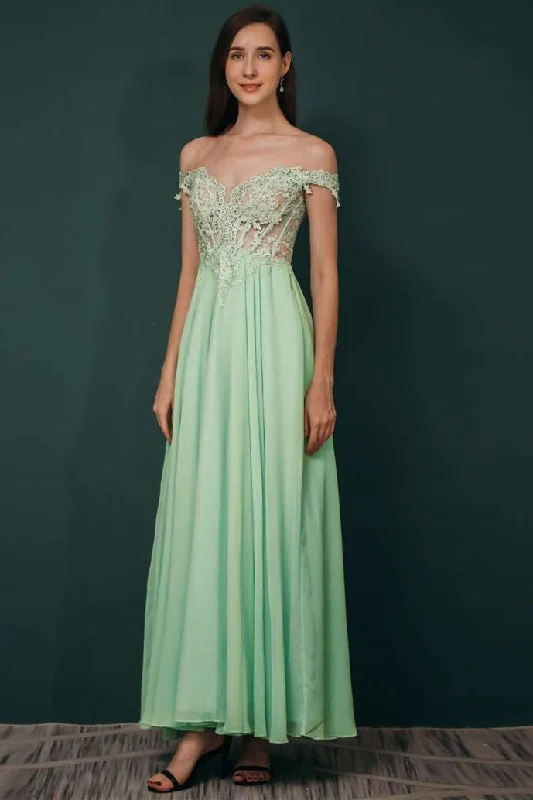 prom dresses with beaded accentsGreen Chiffon Off-the-shoulder Appliques Prom Dress