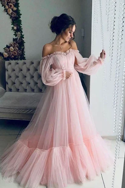 sparkly prom dressesClassy Off-Shoulder A-Line Tulle Long Prom Formal Dress with Sleeves