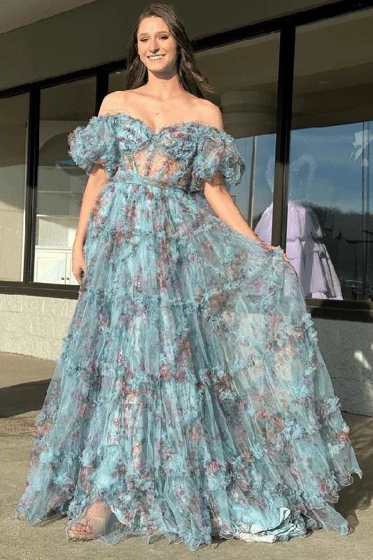 prom dress cleaningClassy Off-Shoulder Printing A-Line Ruffles Floral Long Prom Dress