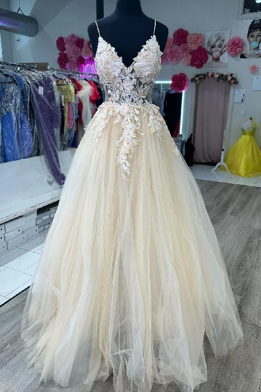 modern prom dressesCream Tulle Appliques Spaghetti Strap A-Line Long Prom Dress