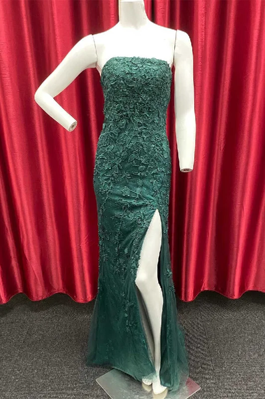 prom dresses with detachable sleevesDark Green Appliques Strapless Long Prom Gown with Slit