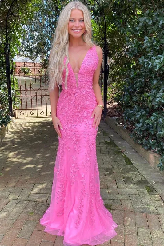 illusion neckline prom dressesDeep V-Neck Straps Pink Lace Appliques Mermaid Long Prom Dress