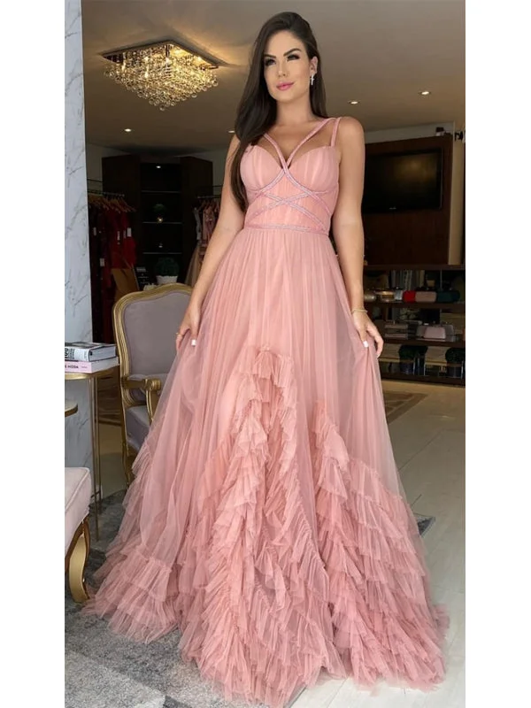 prom dresses with lace appliquésDusty Pink Ruffled A-line Prom Dresses, Long Prom Dresses, 2021 Prom Dresses, Newest Prom Dresses