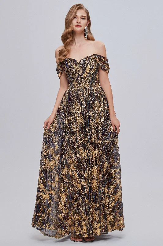 backless prom dressesFloral Print Off-the-Shoulder A-Line Long Prom Dress