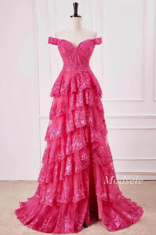 sparkly prom dressesFuchsia Glitter Appliques Off-the-Shoulder Ruffle Long Prom Dress