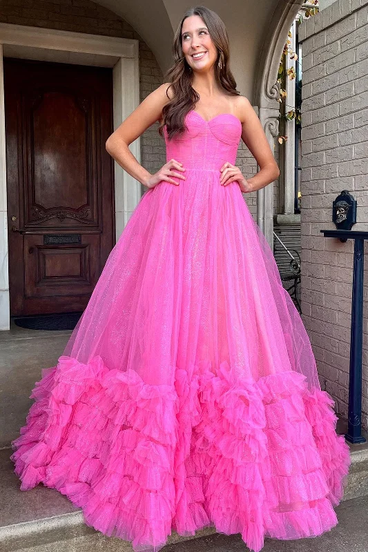 prom dresses for apple shapesFuchsia Strapless Ruffle A-Line Long Prom Dress