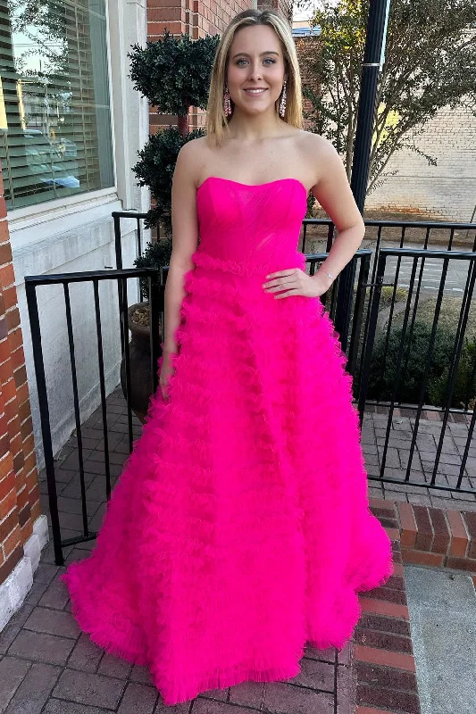 custom prom dressesHot Pink Strapless Ruffle A-Line Long Prom Dress