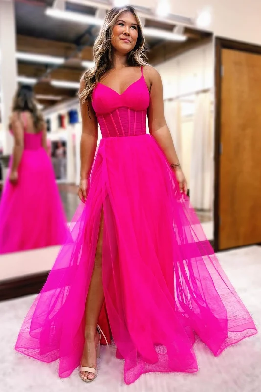 illusion neckline prom dressesFuchsia V-Neck Sheer Bodice A-Line Long Prom Dress with Slit