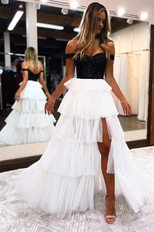 mini prom dressesGlitter Black and White Off-the-Shoulder Tiered Prom Dress