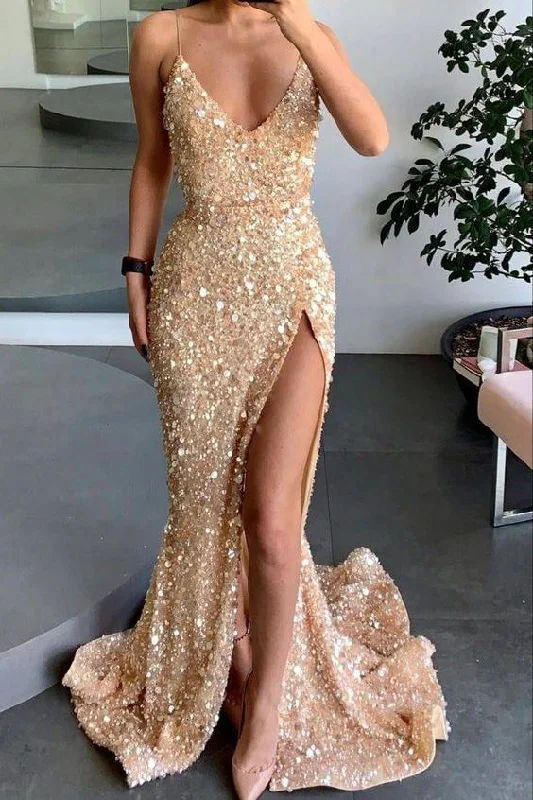 prom dresses for hourglass figuresGold Spaghetti Straps Sequined High Slit Sleeveless Mermaid Long Prom Dress