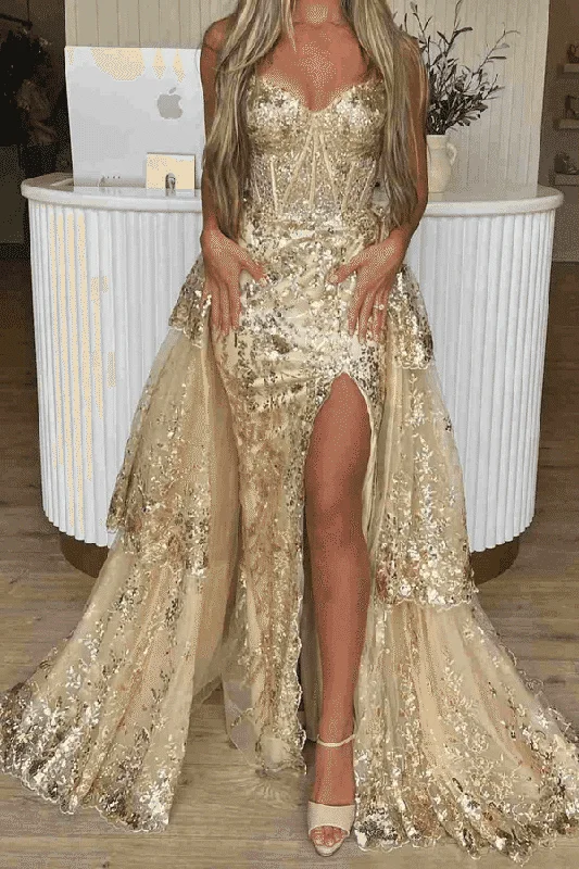 prom dresses for tall girlsGold Strapless V-Neck A-Line Sequins Appliques Long Prom Dress with Slit