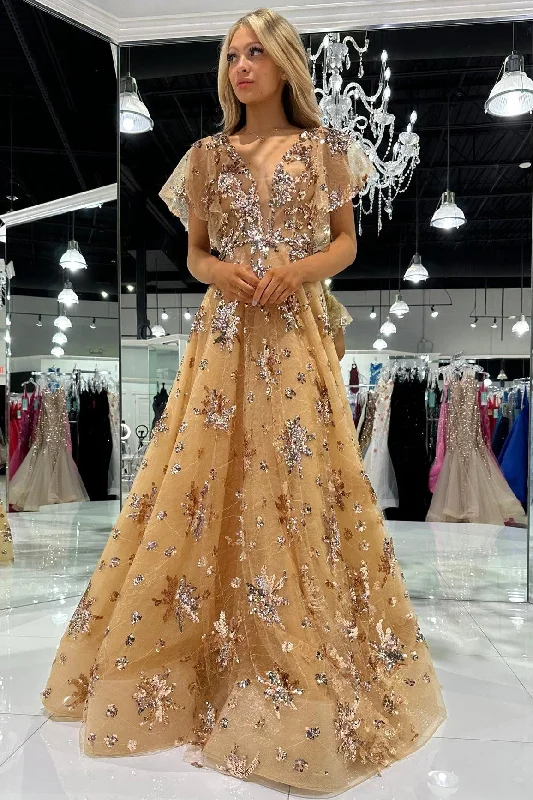 lace prom dressesGold Tulle Sequin Appliques Flutter Sleeve Long Prom Dress