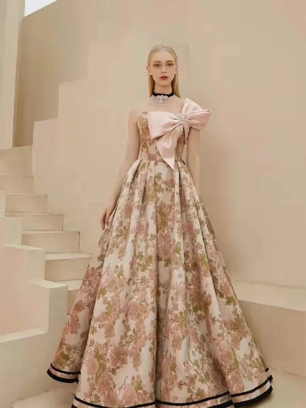 two-piece prom dressesGorgeous Floral Long Prom Dresses With Pink Bow, 2022 Prom Dresses, Newest Prom Dresses, Affordable Prom Dresses