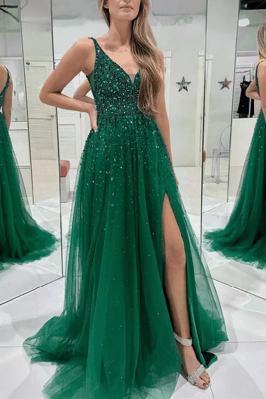 ball gown prom dressesGreen A-Line V-Neck Sequins Tulle Long Prom Formal Dress with Slit