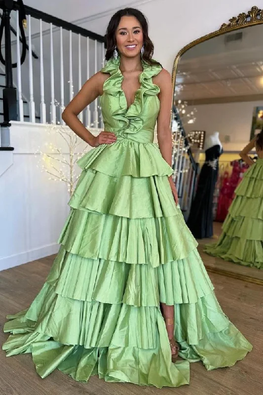 classic prom dressesGreen Halter Ruffle A-Line Long Prom Dress with Slit