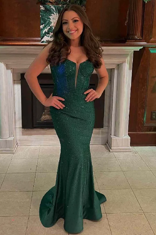 prom dress color trendsGreen Spaghetti Straps V-Neck Rhinestone Mermaid Long Prom Dress