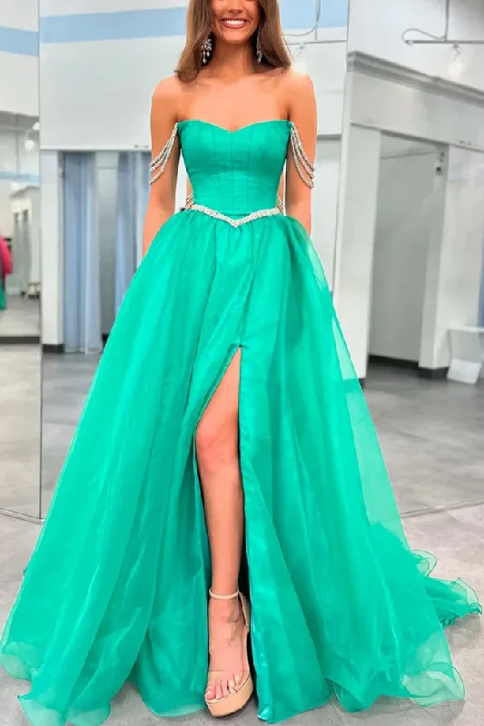 elegant prom dressesGreen Strapless A-Line Beads Pleated Long Formal Prom Dress with Slit