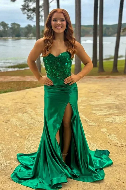 off-the-shoulder prom dressesGreen Strapless Mirror-Cut Sequins Mermaid Long Prom Dress with Slit