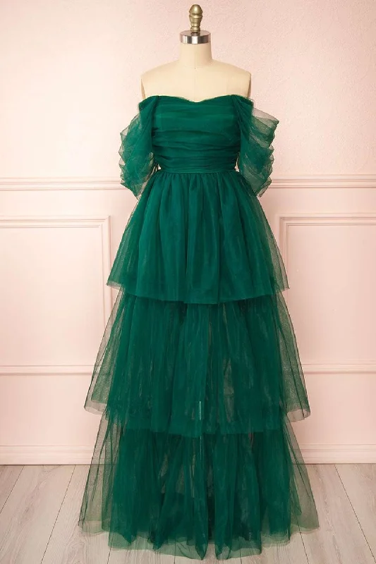 dark prom dressesGreen Tulle Off-the-Shoulder A-Line Tiered Prom Dress