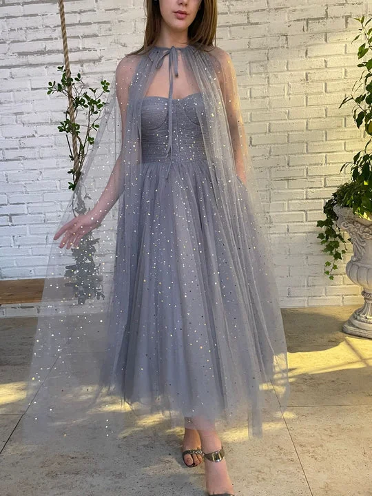 affordable prom dressesGrey Little Star A-line Prom Dresses With Cloak, Popular Prom Dresses, Cheap Prom Dresses, 2022 Prom Dresses