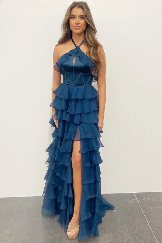 high-low prom dressesHalter Keyhole Ruffle Tiered Prom Dress with Slit