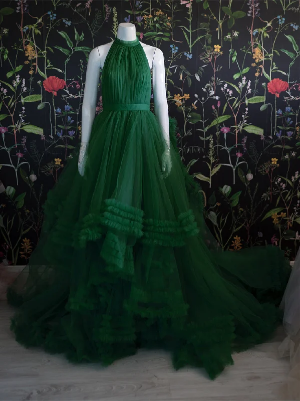 prom dresses for plus-size figuresHalter Long A-line Green Tulle Prom Dresses, Ruffled Prom Dresses, 2021 Prom Dresses, Affordable Prom Dresses