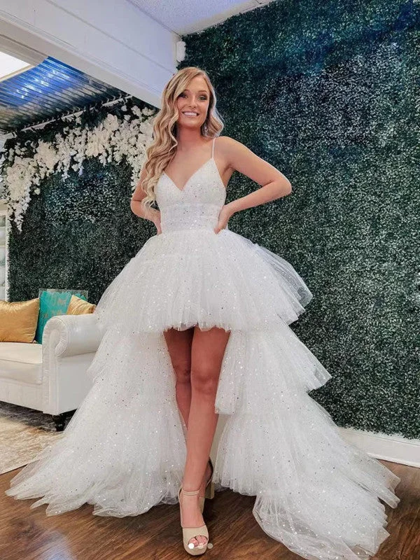 glamorous prom dressesHigh Low Tulle Prom Dresses, Straps Unique 2022 Prom Dresses, Shiny Long Prom Dresses