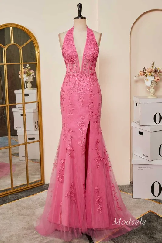 prom dress accessoriesHot Pink Appliques Halter Mermaid Long Prom Dress with Slit