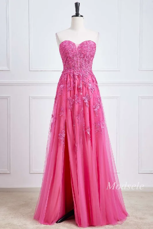 satin prom dressesHot Pink Appliques Sweetheart Lace-Up Long Prom Dress