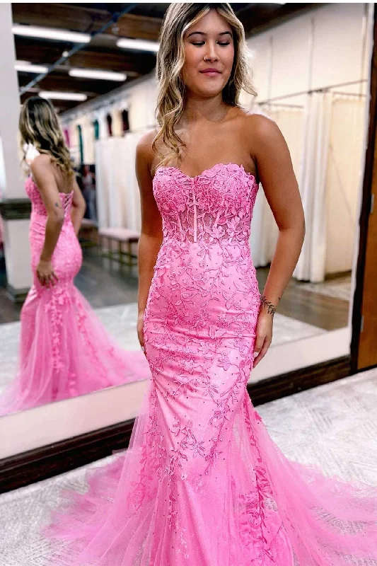 prom dresses with pocketsHot Pink Appliques Sweetheart Lace-Up Trumpet Long Prom Dress